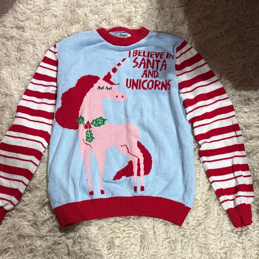 Unicorn Christmas Sweater - Red and Blue